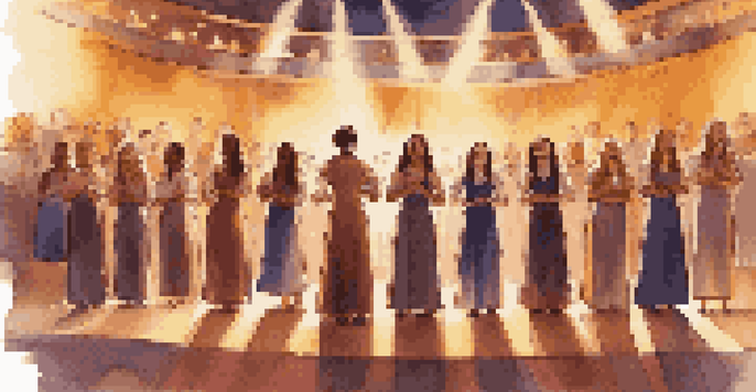 A diverse a cappella choir performing on stage with joyful expressions, illuminated by warm lights.