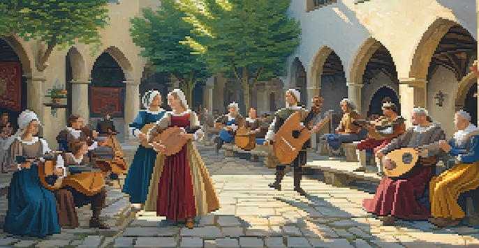 A lively courtyard scene with musicians playing instruments surrounded by colorful banners and sunlight filtering through trees.