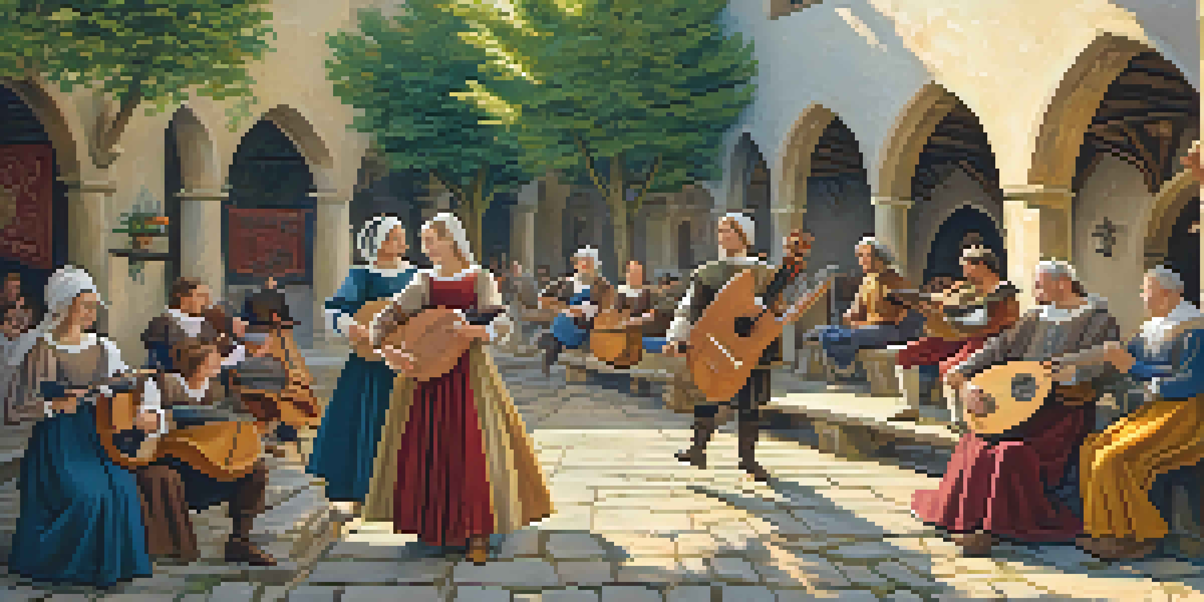 A lively courtyard scene with musicians playing instruments surrounded by colorful banners and sunlight filtering through trees.