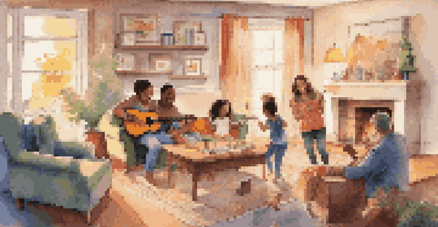 A family enjoying a music session in a cozy living room, with parents playing instruments and children dancing.