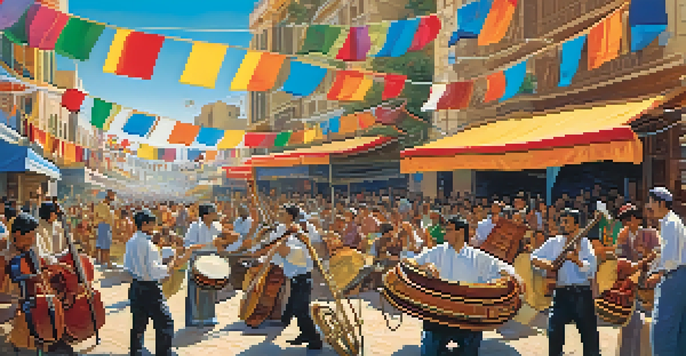 A lively street festival with musicians from different cultures playing traditional instruments, surrounded by a diverse audience celebrating together.
