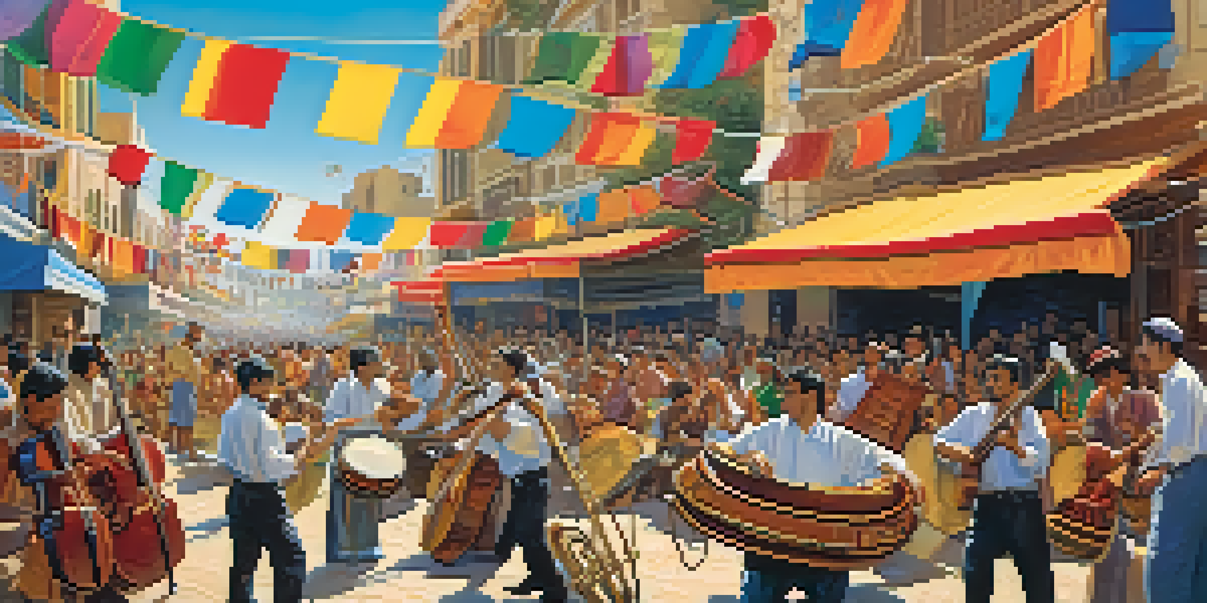 A lively street festival with musicians from different cultures playing traditional instruments, surrounded by a diverse audience celebrating together.