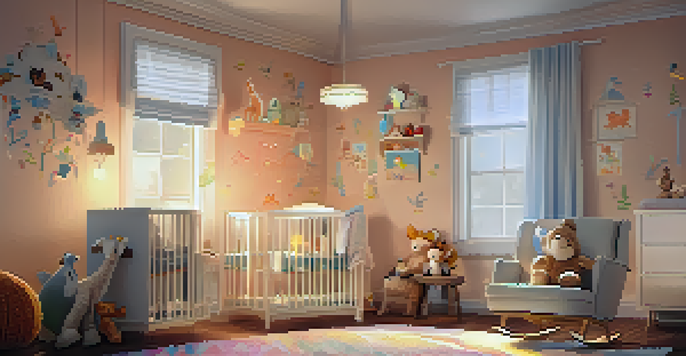 A parent singing a lullaby to a baby in a softly lit nursery with colorful decorations.