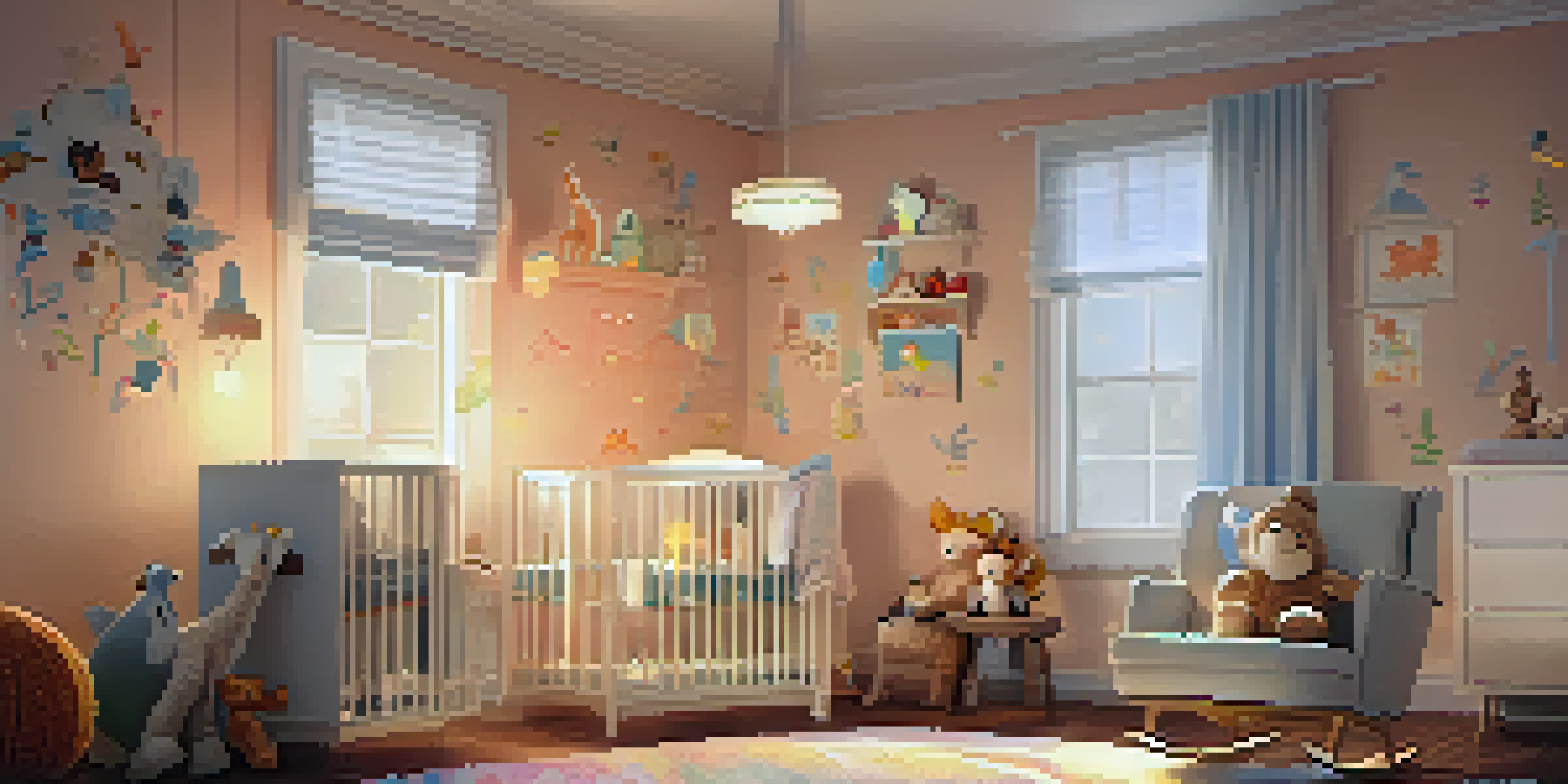 A parent singing a lullaby to a baby in a softly lit nursery with colorful decorations.