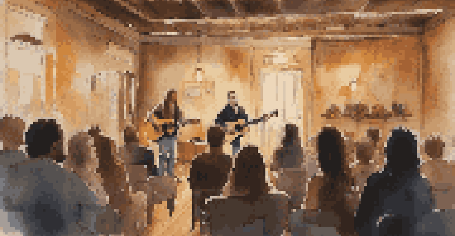 An intimate indoor concert featuring an artist performing acoustically on stage, with a small audience enjoying the music.
