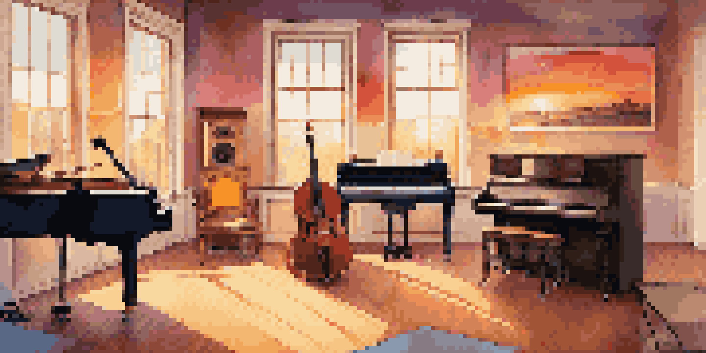 A colorful music studio with various instruments and warm lighting, showcasing a sunset view from the window.