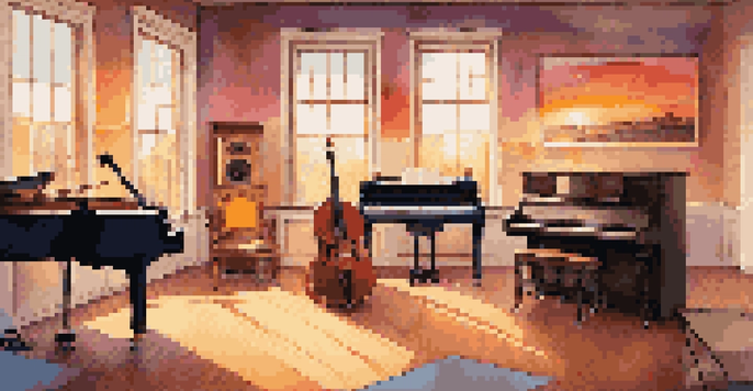 A colorful music studio with various instruments and warm lighting, showcasing a sunset view from the window.