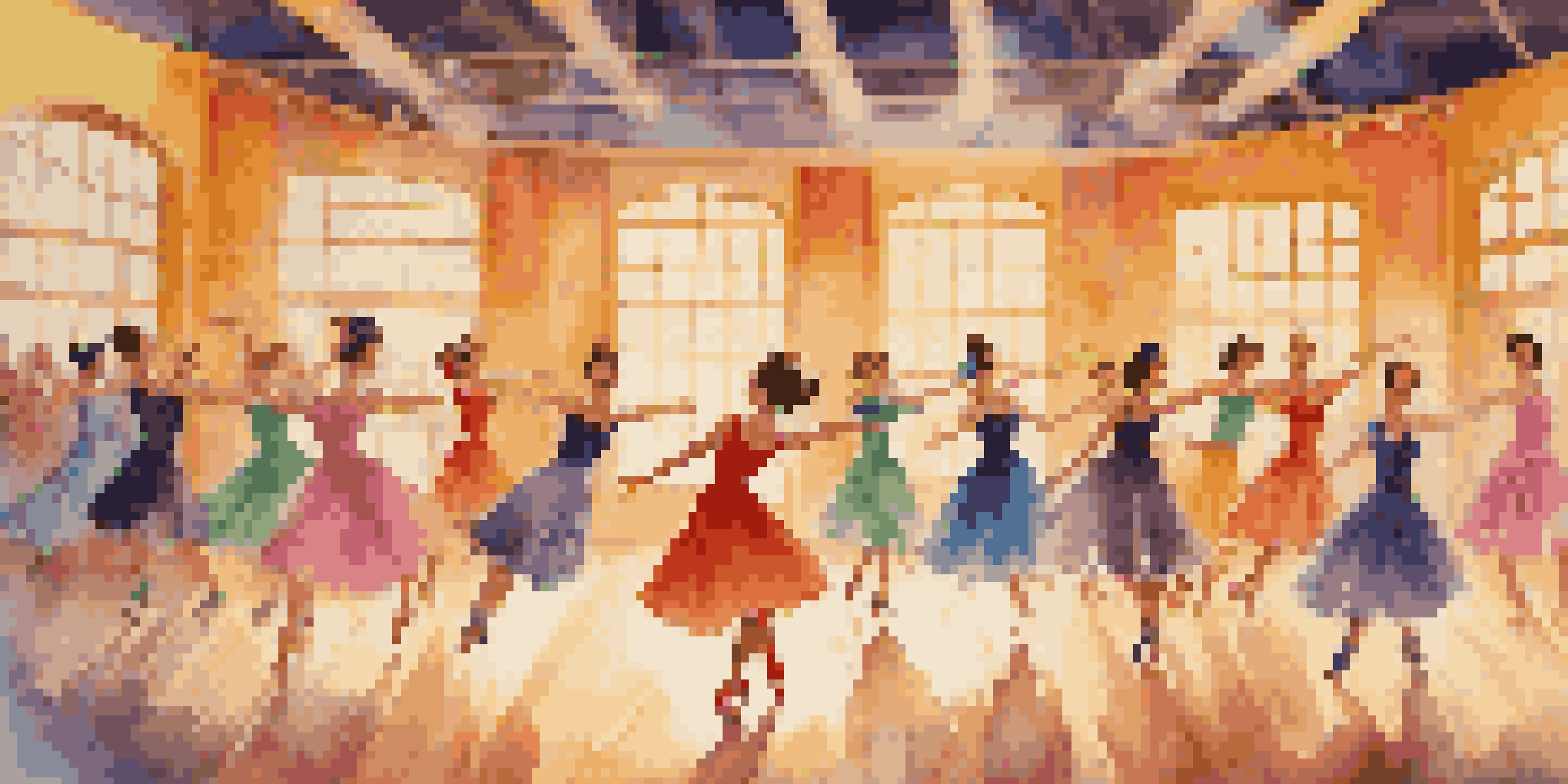 A lively group of dancers in colorful costumes performing in a vintage film studio, surrounded by classic film equipment and warm lighting.