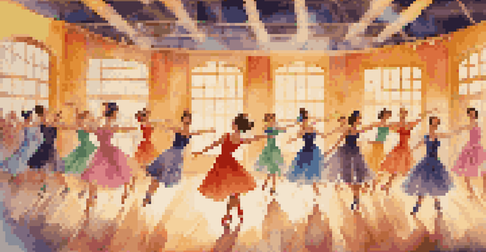 A lively group of dancers in colorful costumes performing in a vintage film studio, surrounded by classic film equipment and warm lighting.