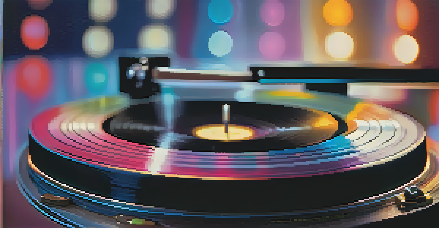 A close-up of a spinning vinyl record on a turntable with colorful lights reflecting in the background.