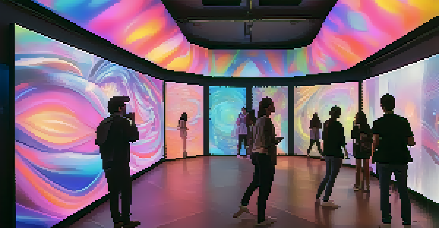 A futuristic virtual gallery filled with interactive art installations that respond to music, with colorful lights and abstract visuals.
