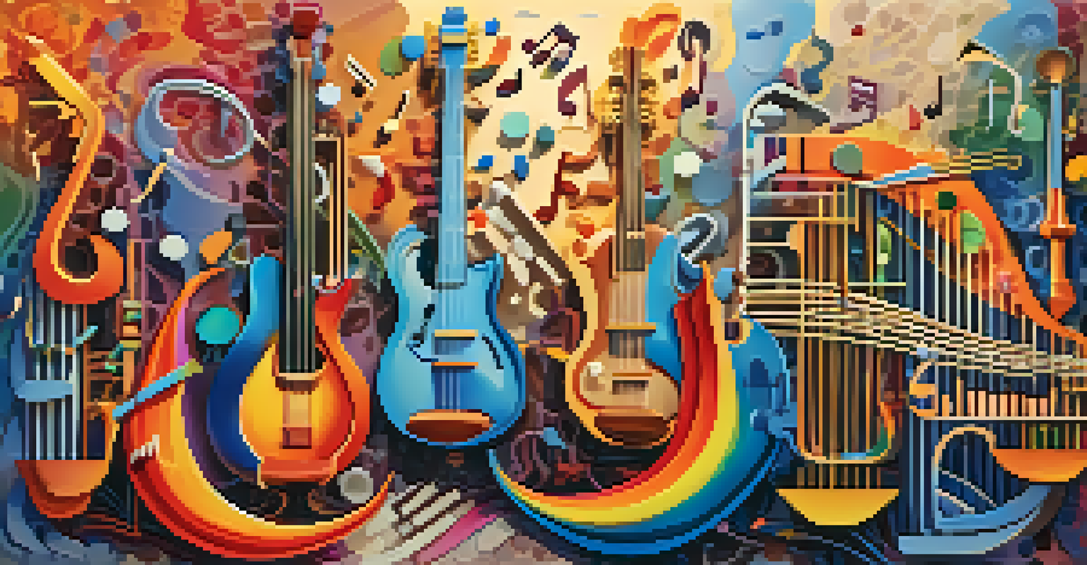 An artistic depiction of musical notes and instruments blending into a colorful tapestry, symbolizing the fusion of genres.