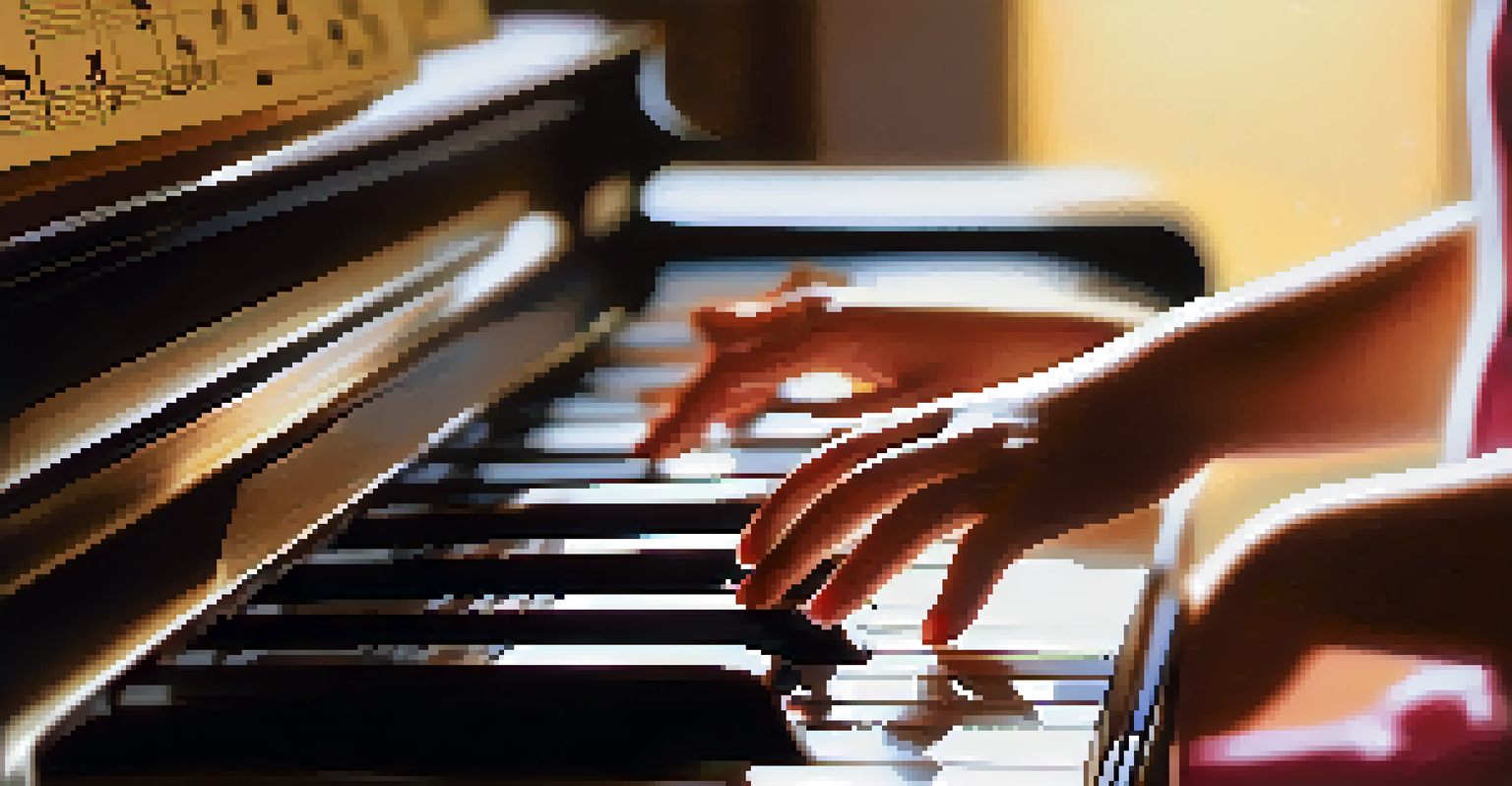 A child's hands playing a piano, focusing on the keys and sheet music with soft sunlight highlighting the scene.