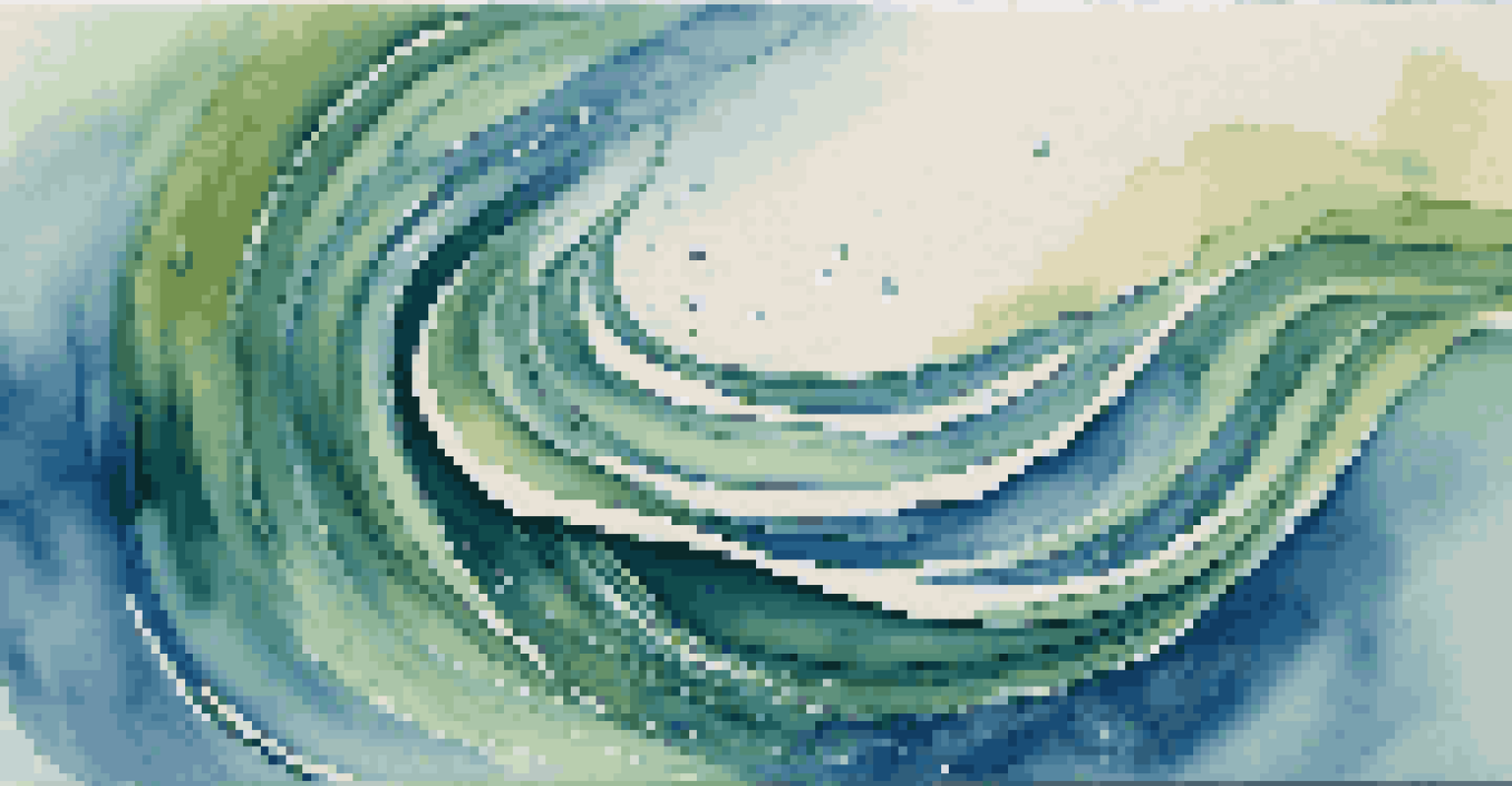 Abstract sound waves intertwined with flowing water, using calming colors to represent the connection between music and meditation.