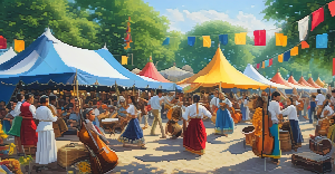 A lively folk music festival with diverse musicians playing traditional instruments and people dancing under colorful tents.