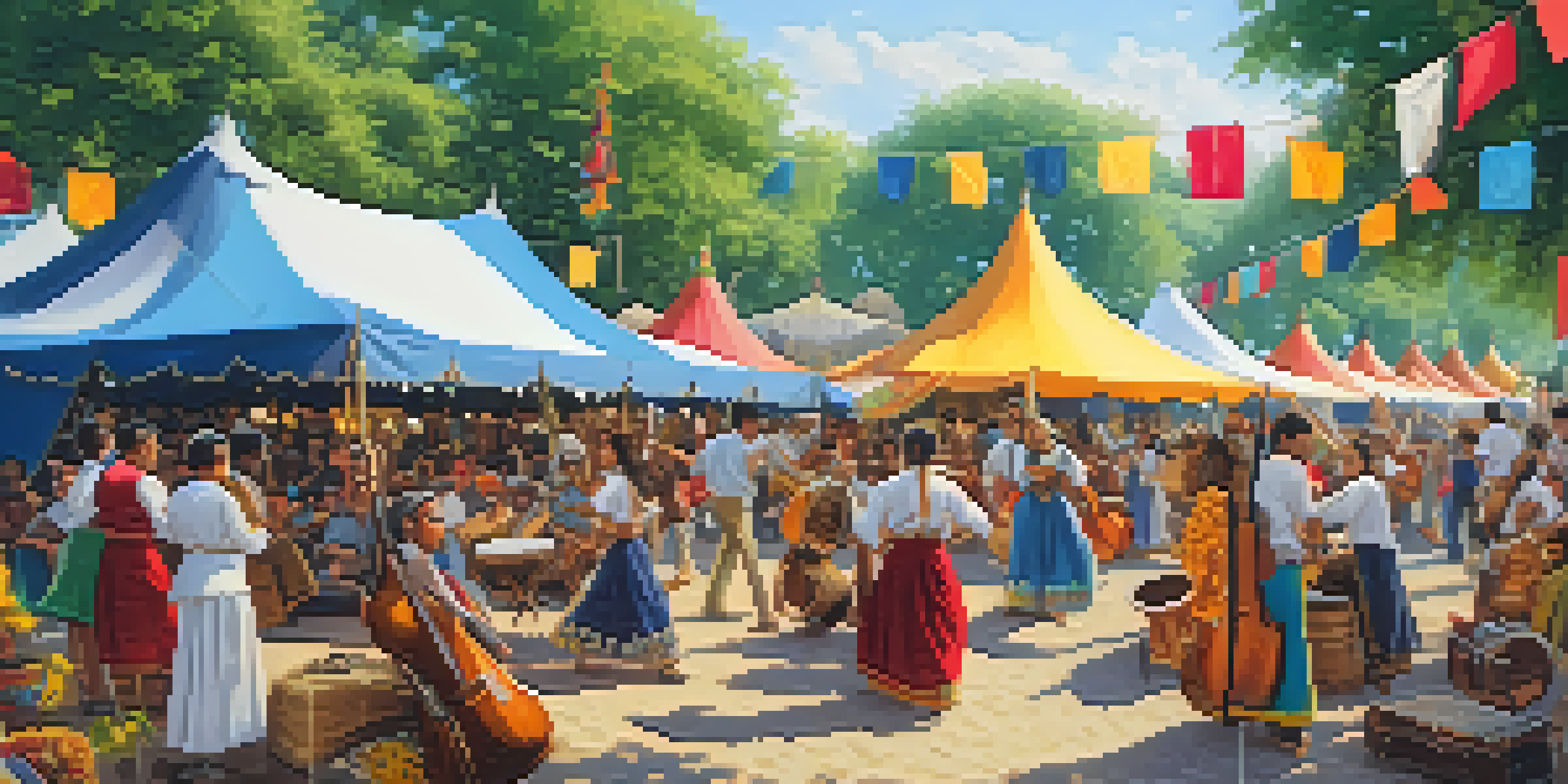 A lively folk music festival with diverse musicians playing traditional instruments and people dancing under colorful tents.