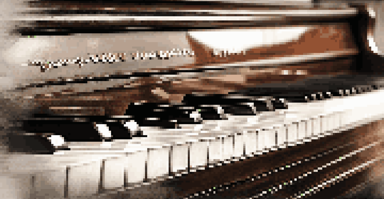 A close-up view of a vintage piano keyboard with soft lighting, showcasing glossy keys and blurred musical sheets in the background.