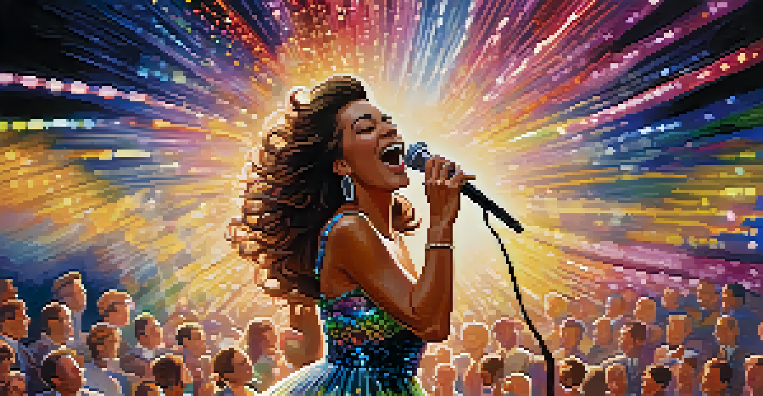 A female musician passionately singing into a vintage microphone on stage with colorful lights and an enthusiastic audience.