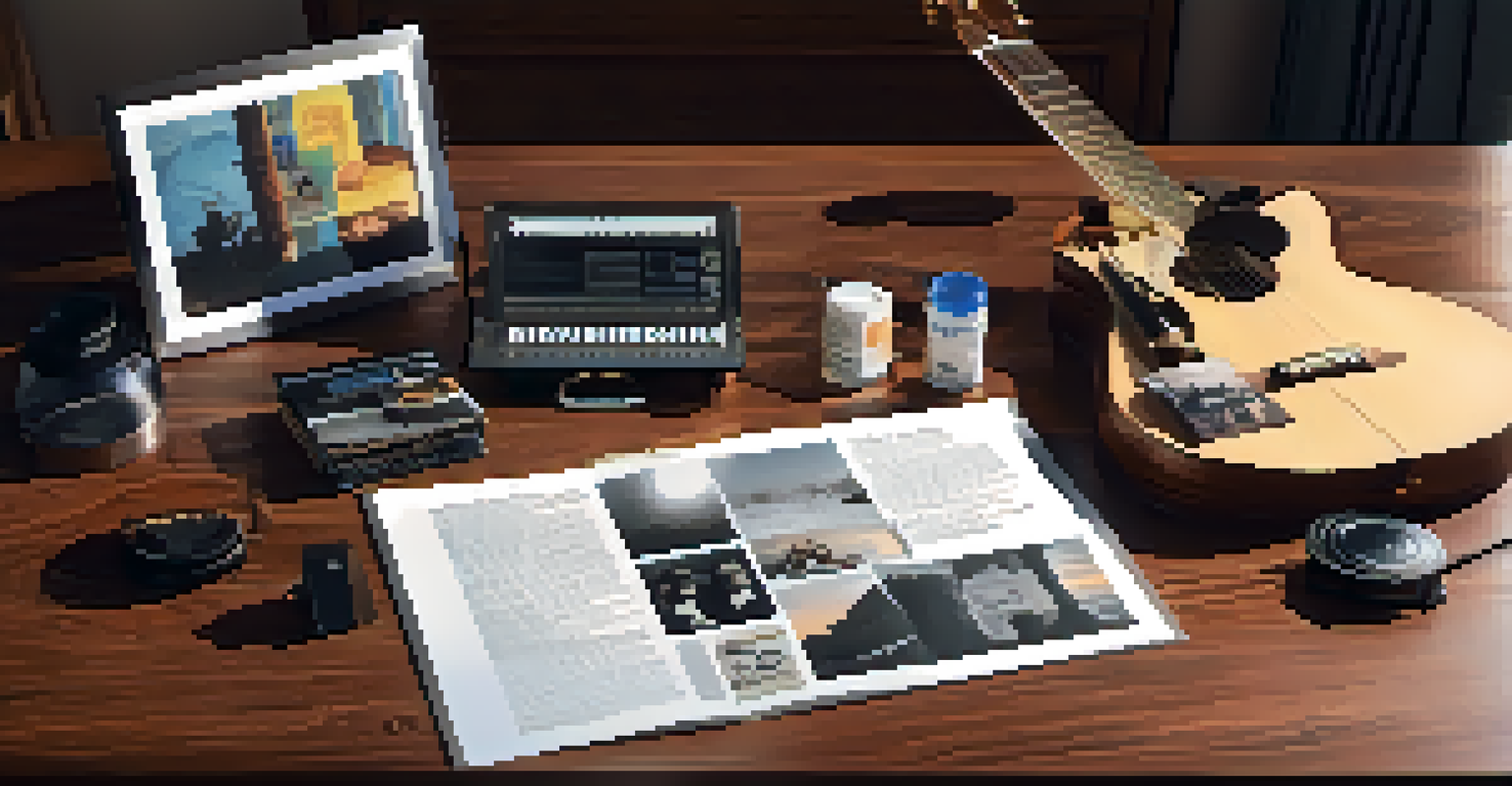 A press kit displayed on a wooden table with an artist's photo, bio sheet, and musical instruments.