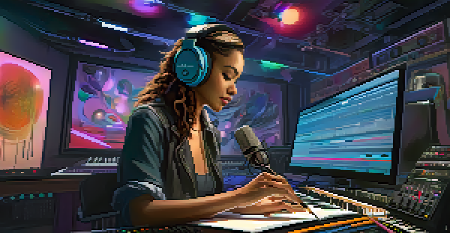 A modern female musician writing lyrics in a recording studio, surrounded by high-tech equipment and colorful lights.