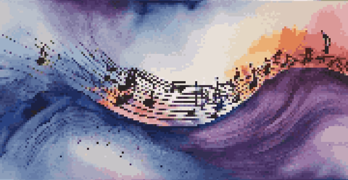 An abstract image showing colorful sound waves radiating from a musical instrument.