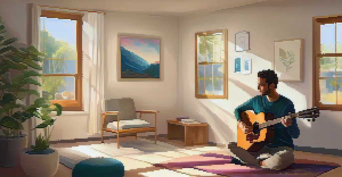 A peaceful music therapy room with a therapist playing guitar for a client in a comfortable setting.