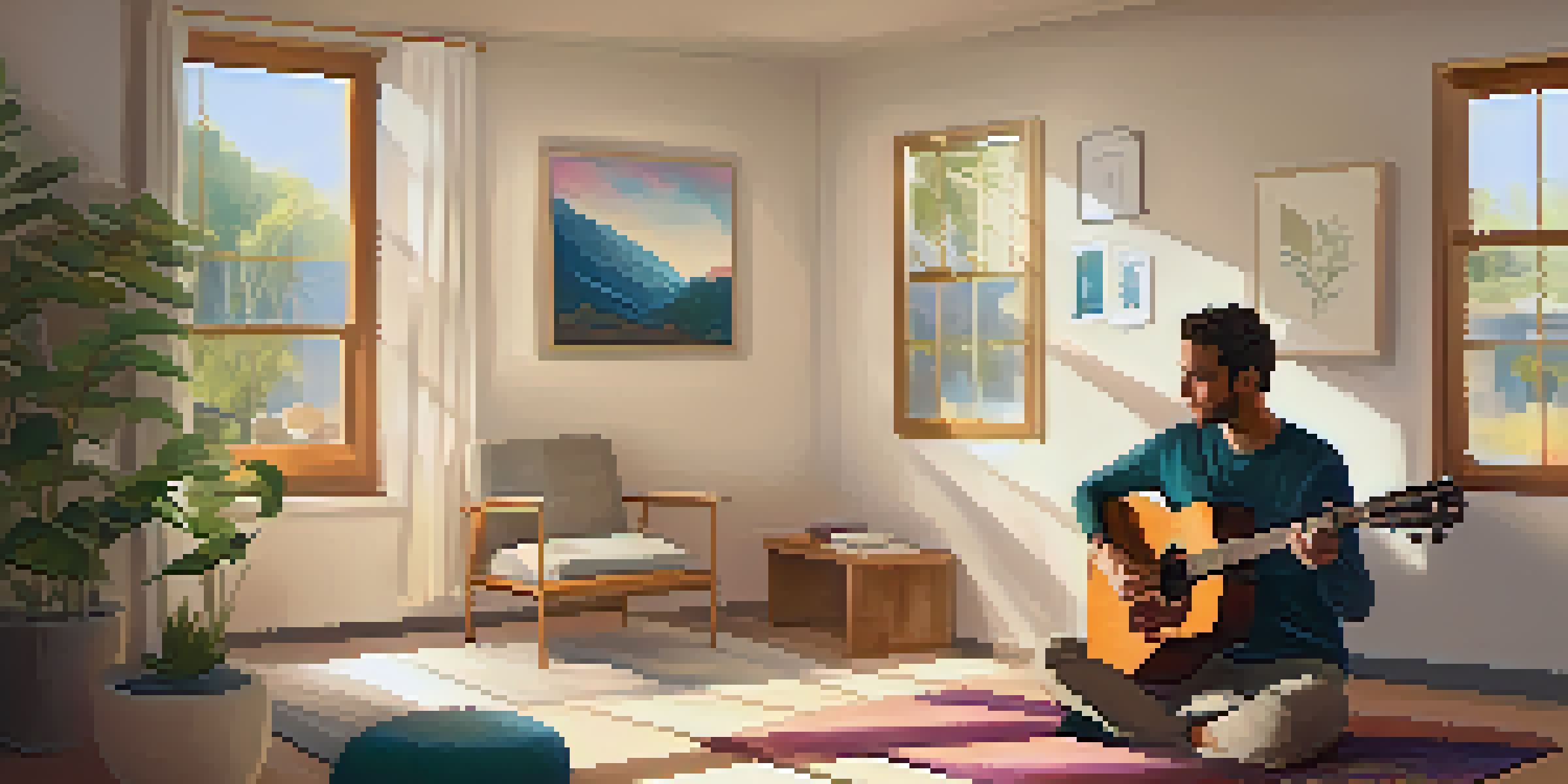 A peaceful music therapy room with a therapist playing guitar for a client in a comfortable setting.