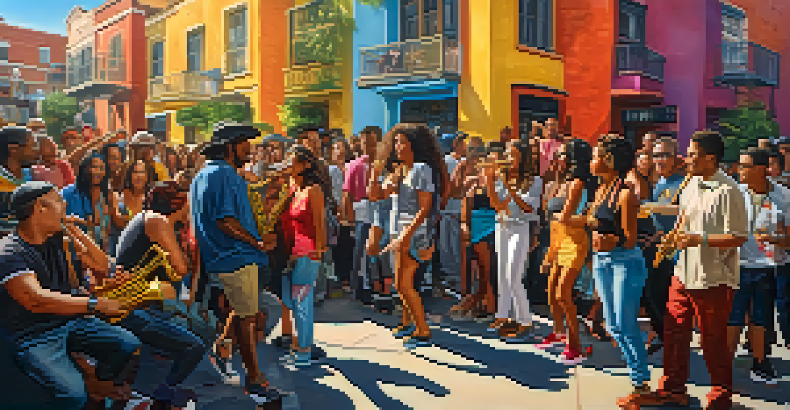 A street performer playing reggaeton on a saxophone with a diverse crowd and colorful street art in the background, illuminated by warm afternoon light.