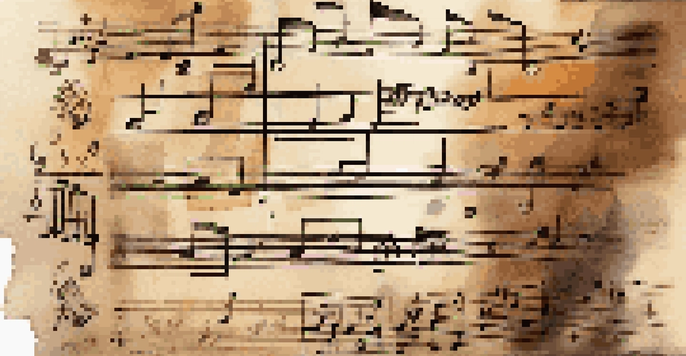 A close-up view of a percussion music sheet on a wooden stand, showcasing various musical symbols and notes.