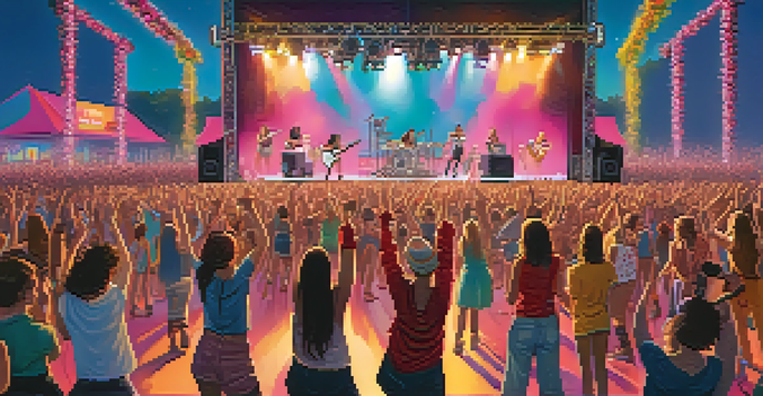 A lively music festival featuring female and non-binary musicians on stage, with an enthusiastic audience enjoying the performance.