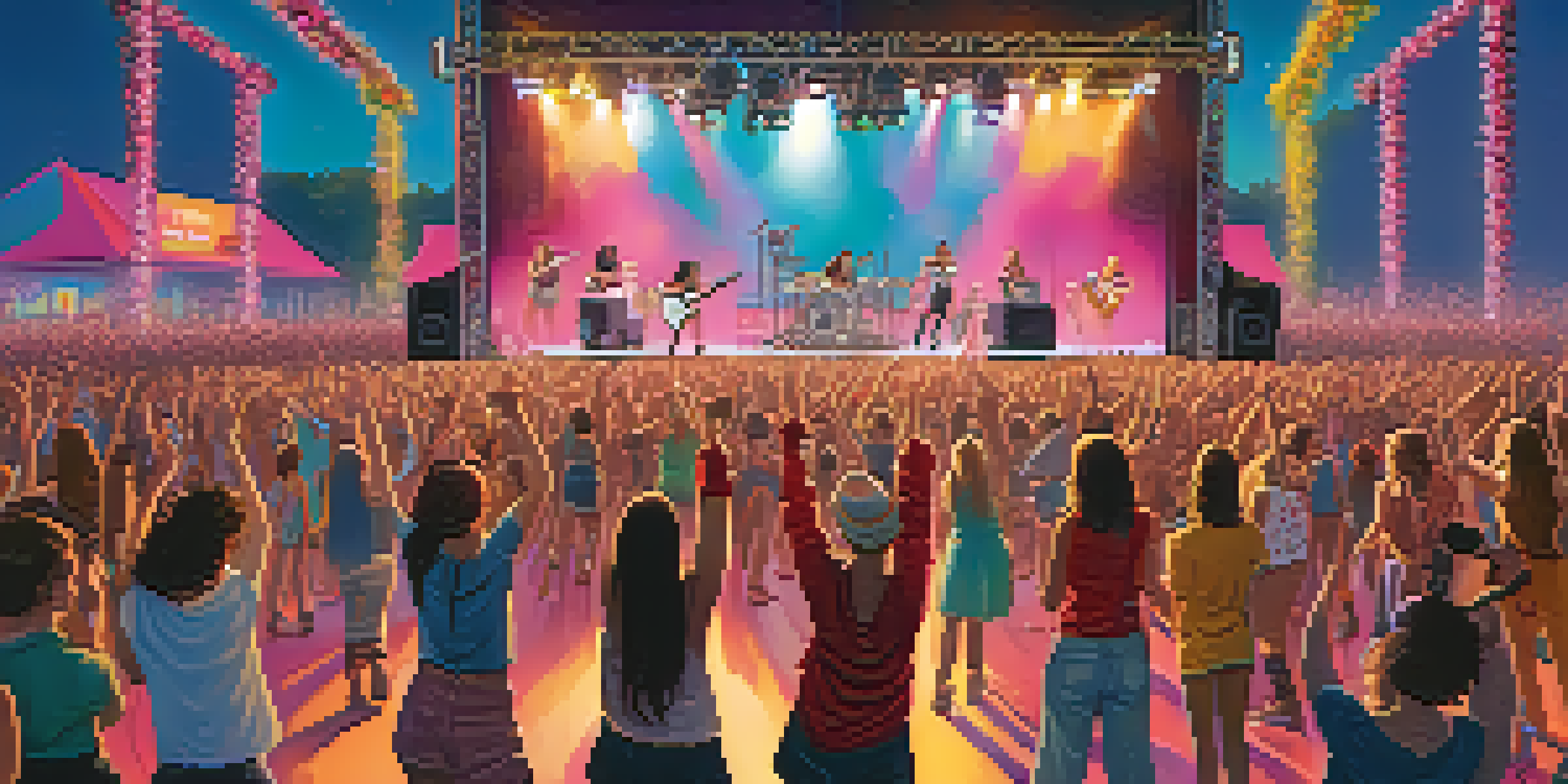 A lively music festival featuring female and non-binary musicians on stage, with an enthusiastic audience enjoying the performance.