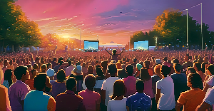 A joyous crowd at an outdoor concert during sunset, with bright colors and people connecting through music.