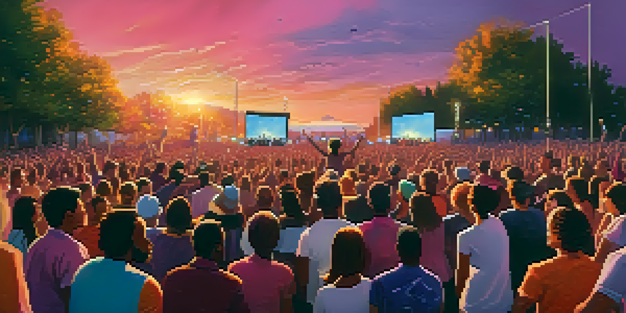 A joyous crowd at an outdoor concert during sunset, with bright colors and people connecting through music.