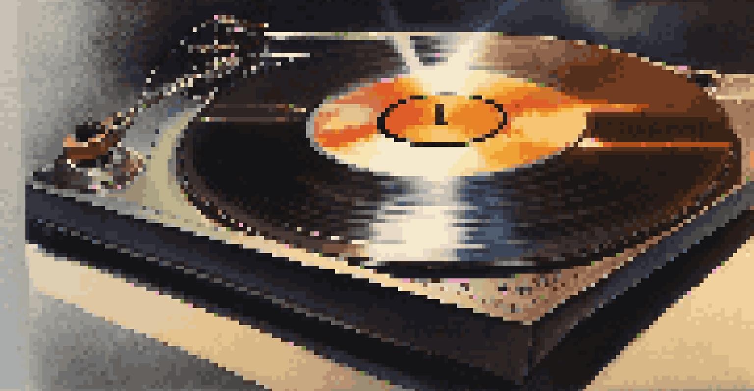 Close-up of a spinning vinyl record on a turntable, highlighting the grooves and the needle.