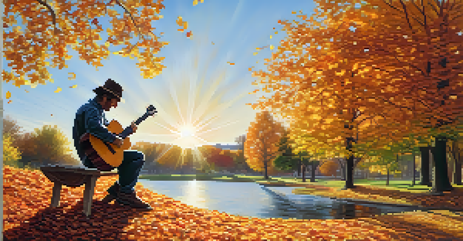 An artist playing an acoustic guitar in a sunlit park with autumn leaves.