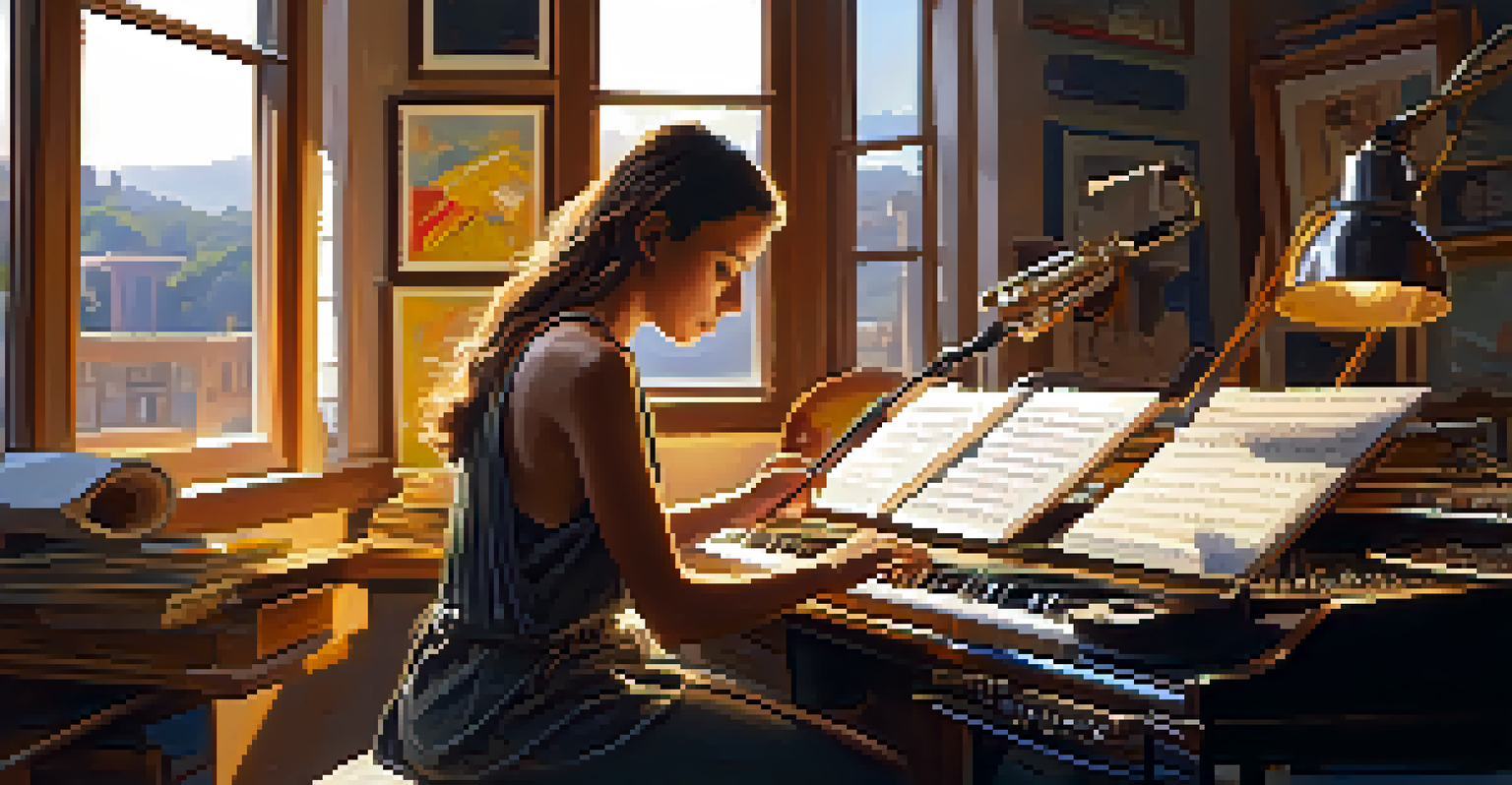 A female artist in a music studio, writing lyrics and composing, with sunlight illuminating the space.