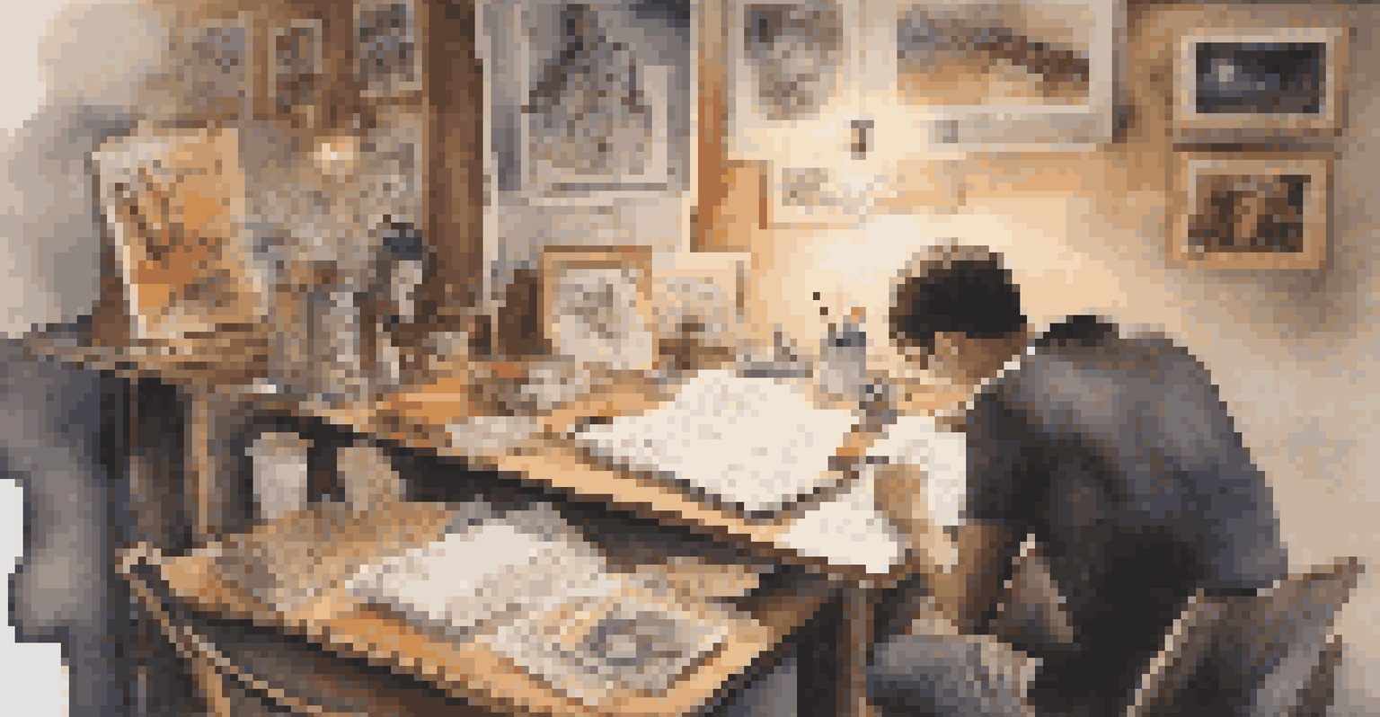 A musician writing lyrics in a notebook, surrounded by personal mementos, with soft lighting creating an intimate atmosphere.
