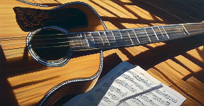 A close-up view of an acoustic guitar on a wooden table illuminated by sunlight, with sheet music nearby.