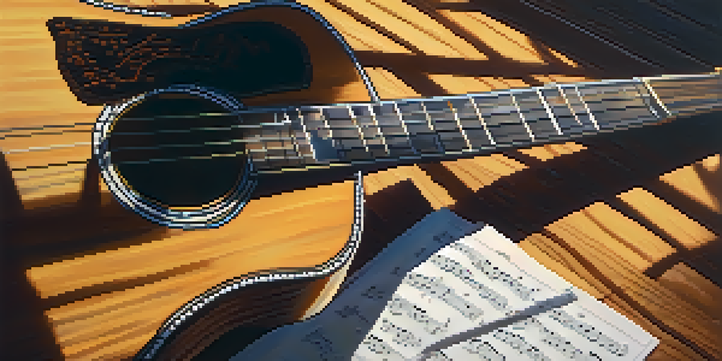 A close-up view of an acoustic guitar on a wooden table illuminated by sunlight, with sheet music nearby.