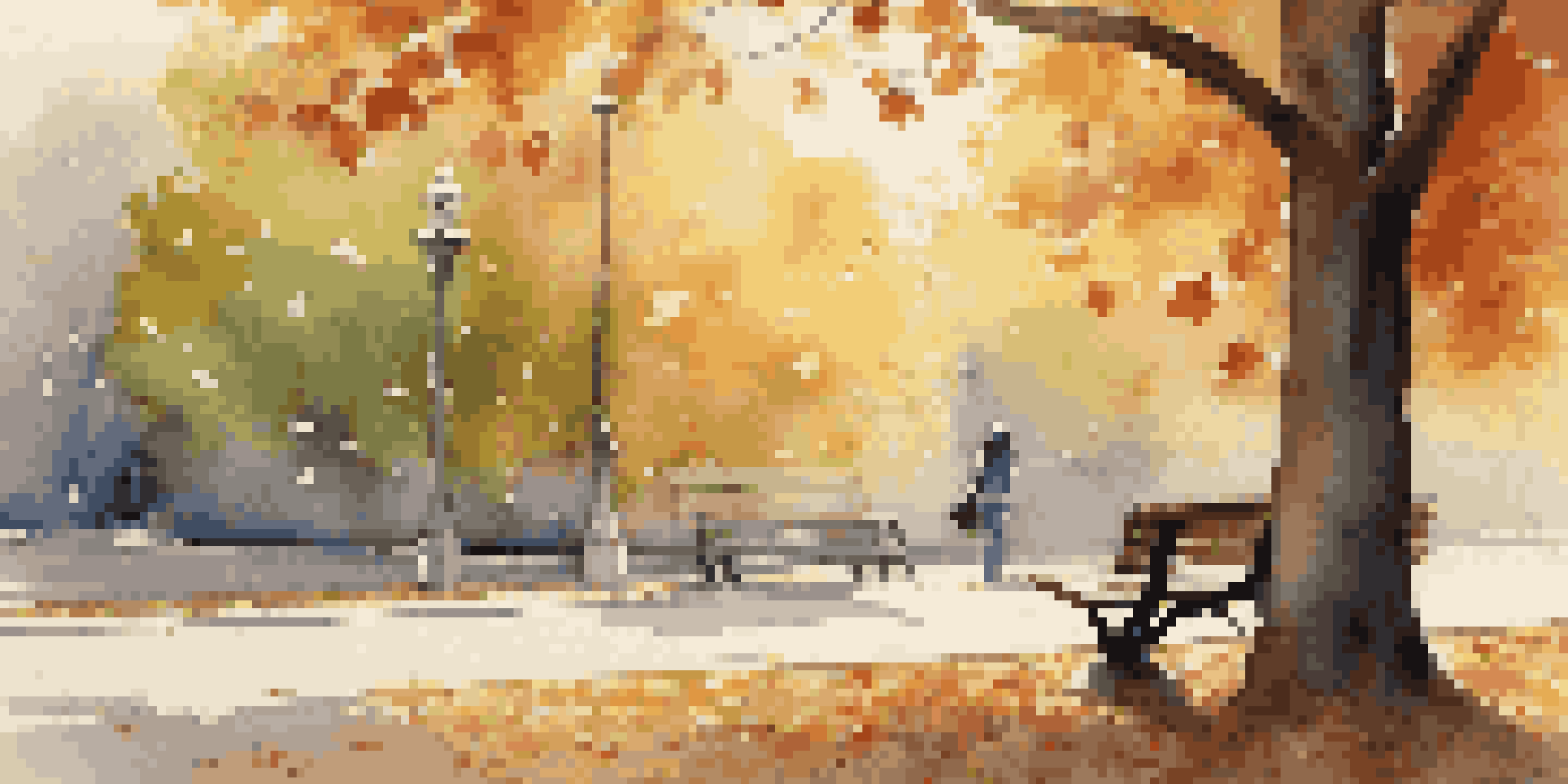 A person on a park bench with headphones, surrounded by autumn leaves and sunlight filtering through trees.