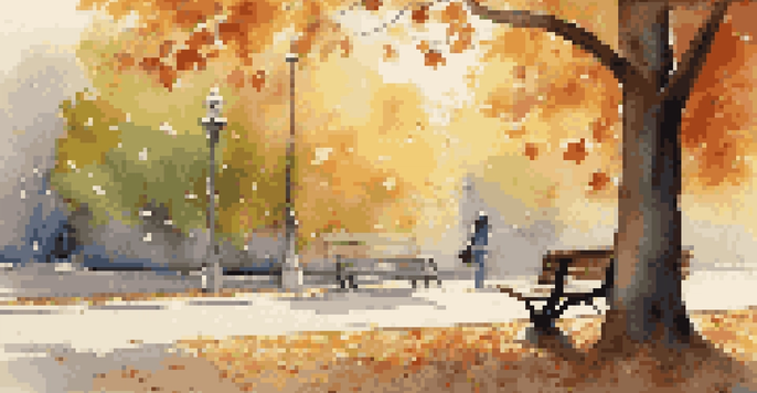 A person on a park bench with headphones, surrounded by autumn leaves and sunlight filtering through trees.