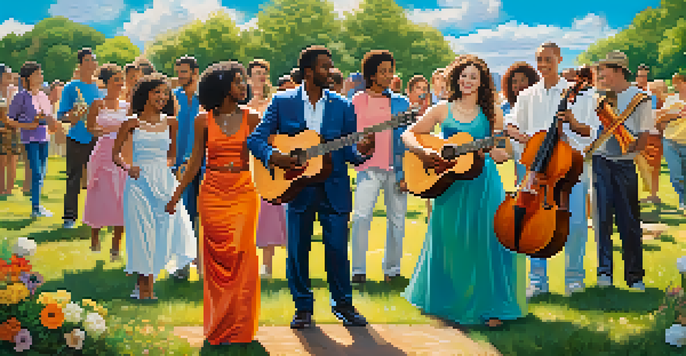 A diverse group of people standing in a circle holding hands, surrounded by musical notes and instruments in a sunny park.