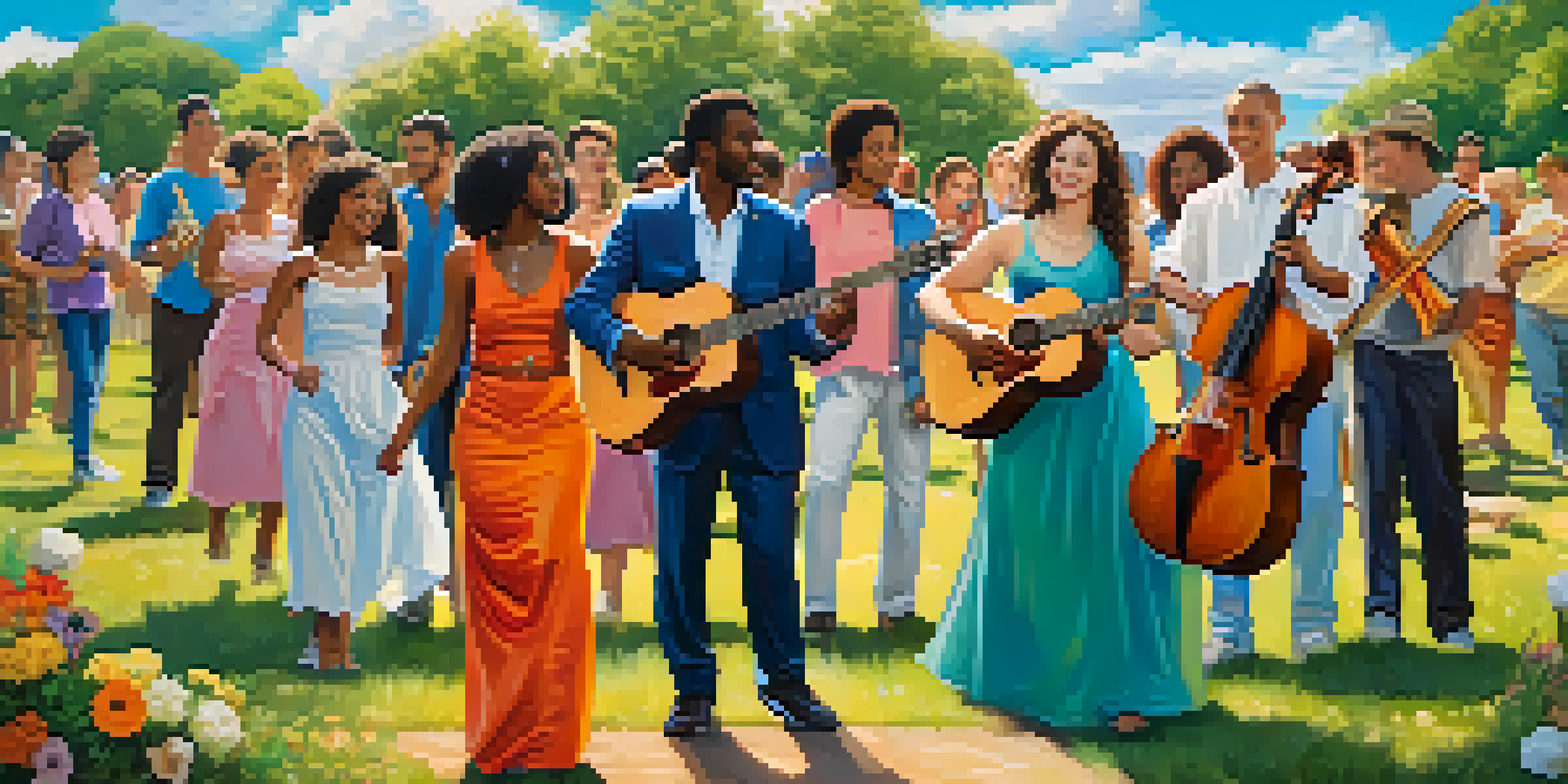 A diverse group of people standing in a circle holding hands, surrounded by musical notes and instruments in a sunny park.