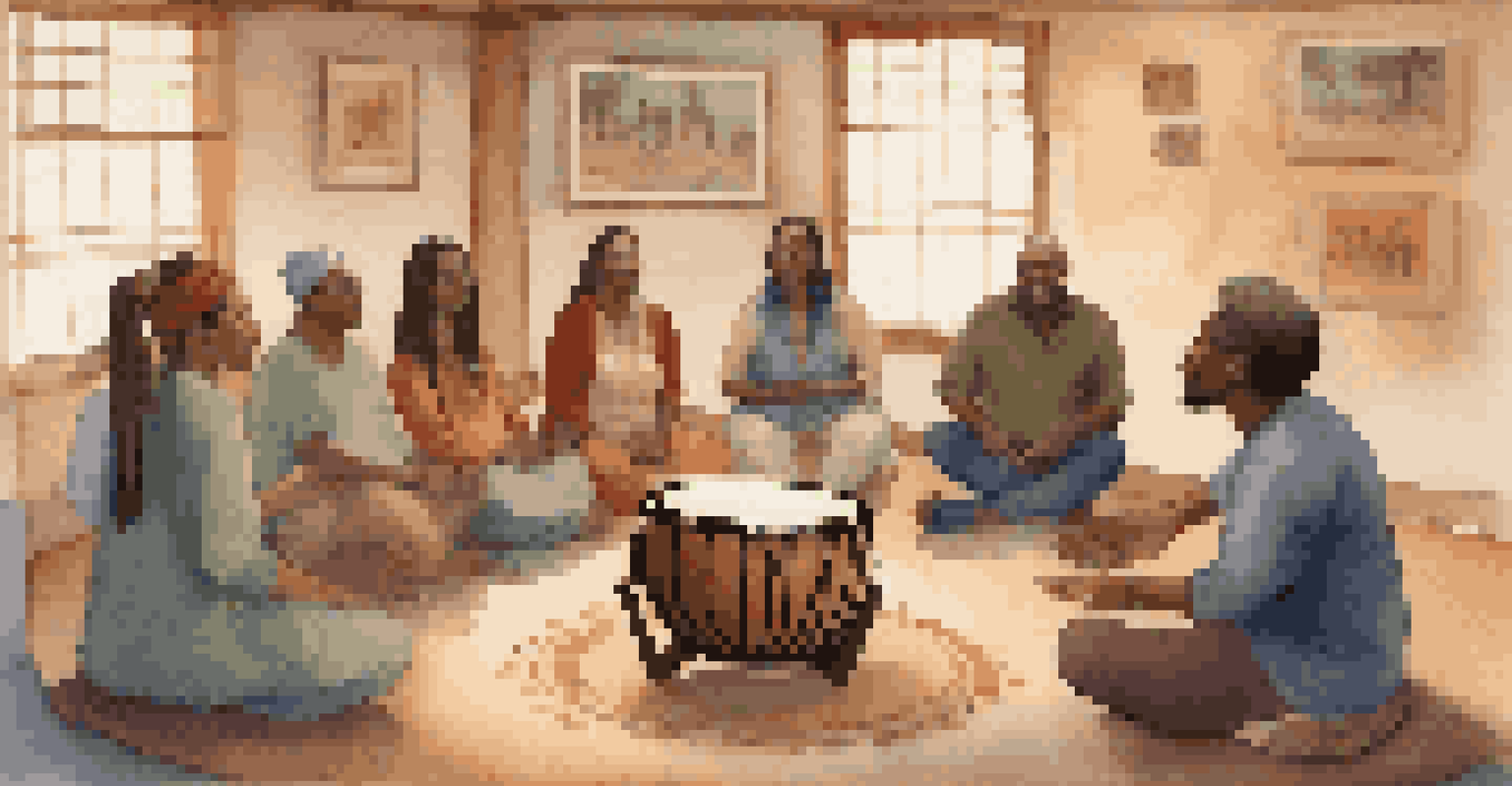 A music therapy session with a drumming circle in a cozy room, featuring diverse individuals expressing emotions through music.