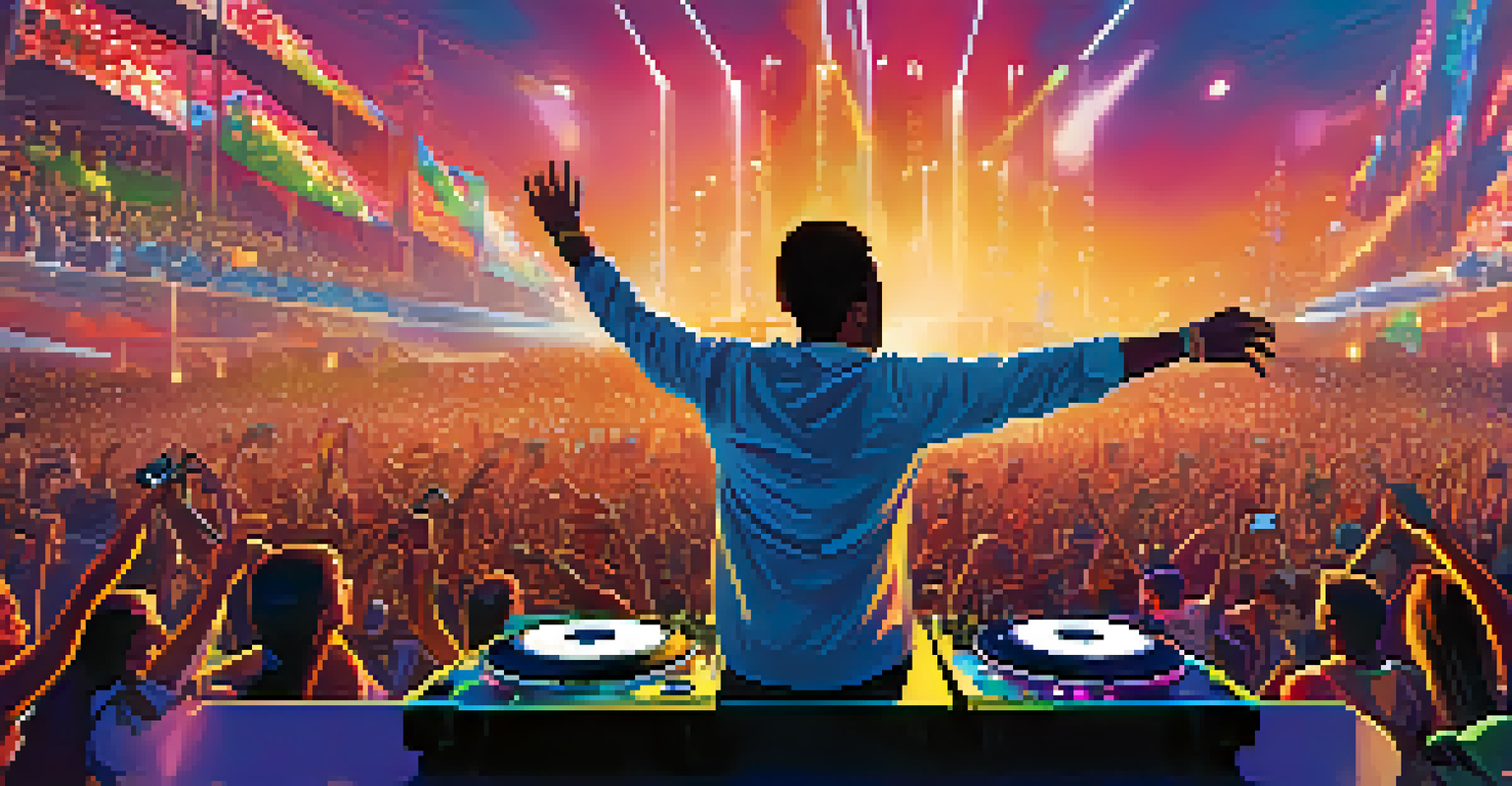 A DJ performing at an outdoor festival with a large crowd and colorful stage lights.