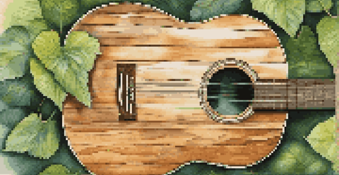 Close-up of an eco-friendly guitar made from reclaimed wood, surrounded by green leaves and natural lighting.