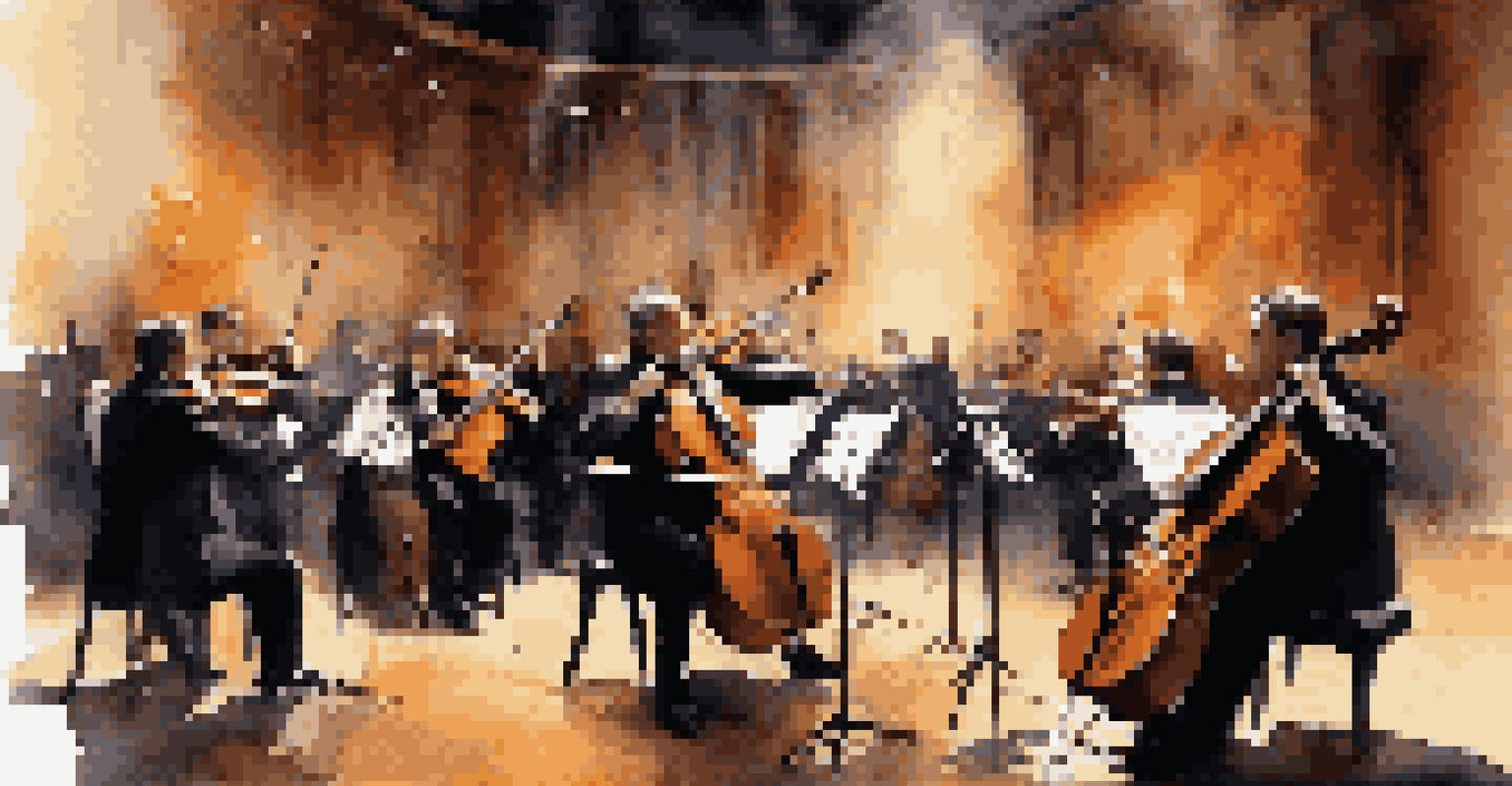 A group of cellists performing in an orchestra, dressed in black, with the conductor in the background, surrounded by warm stage lighting.