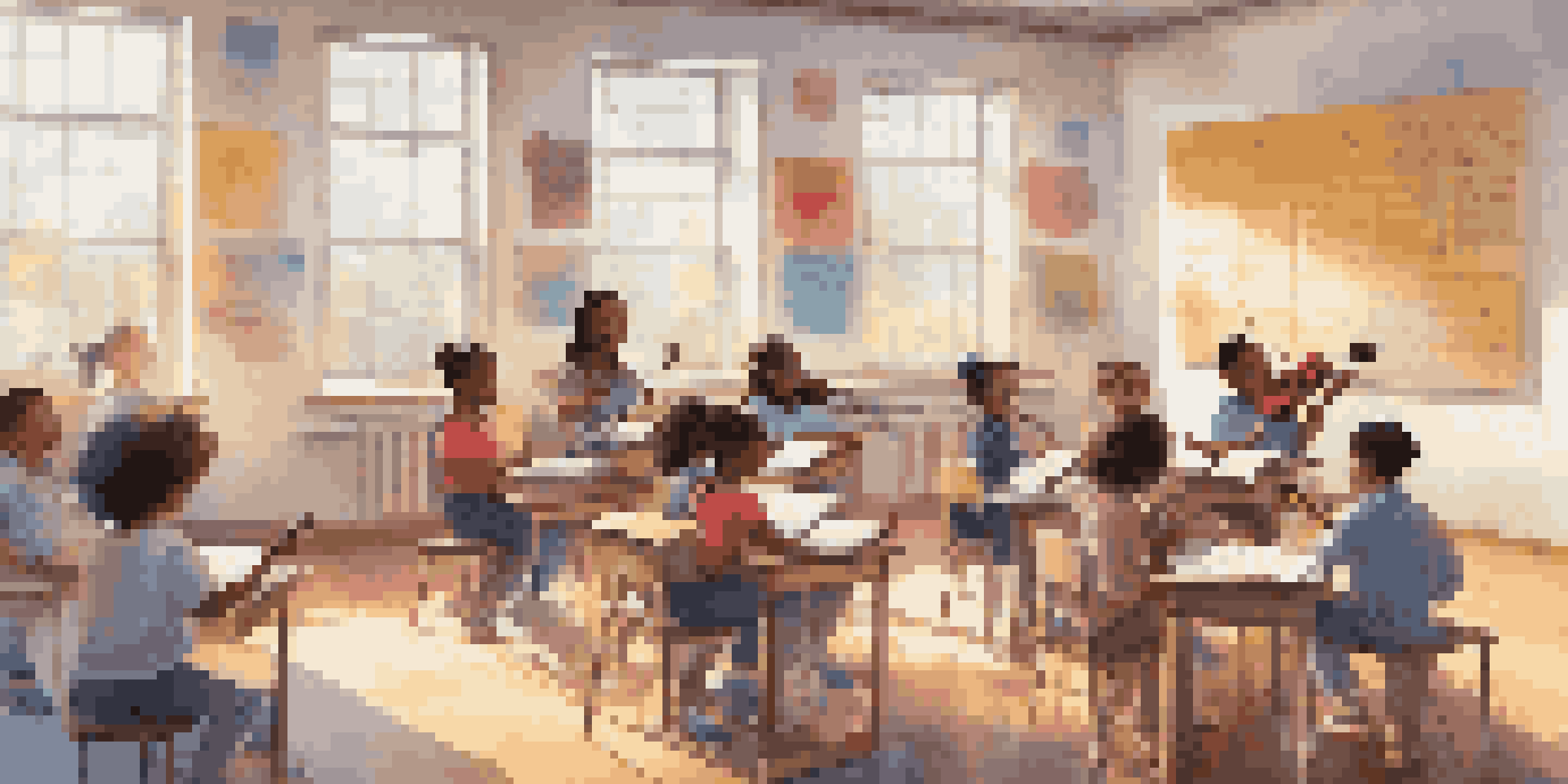 A lively music classroom with diverse students participating in a music lesson, featuring a teacher using a smart board and colorful decorations.