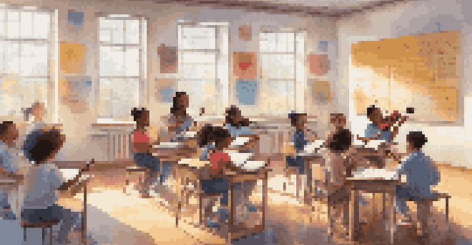 A lively music classroom with diverse students participating in a music lesson, featuring a teacher using a smart board and colorful decorations.