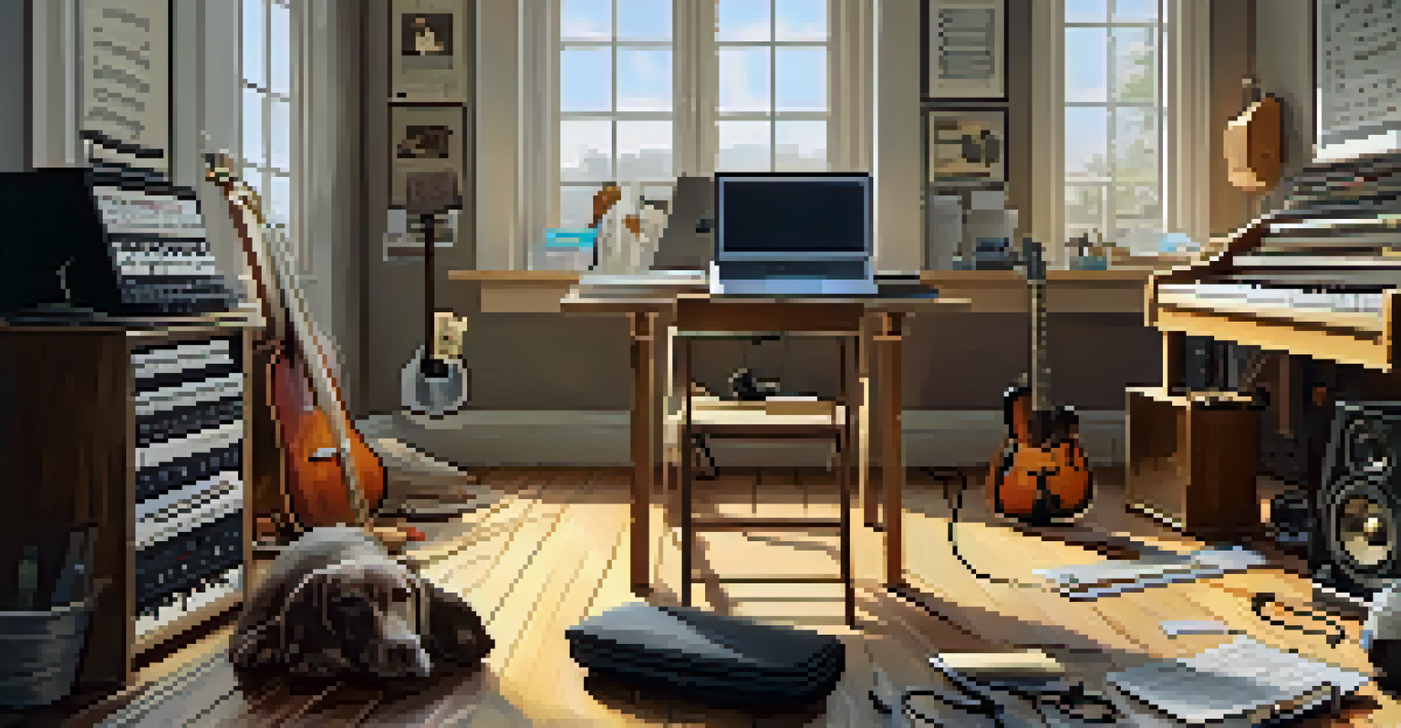 An artist's workspace with musical instruments and a laptop, bathed in natural light.